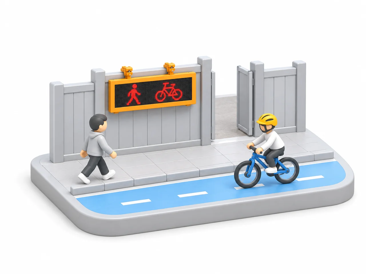 보행자⁠·자전거 통로와 경고 전광판 3D 그림